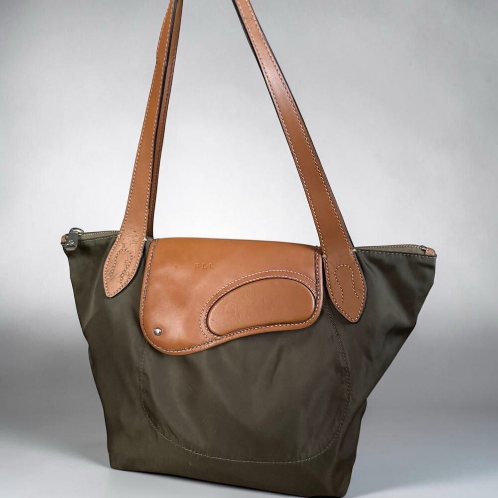 Vintage Ralph Lauren RLL Tote Bag Purse Satchel Army Green Nylon Brown Leather